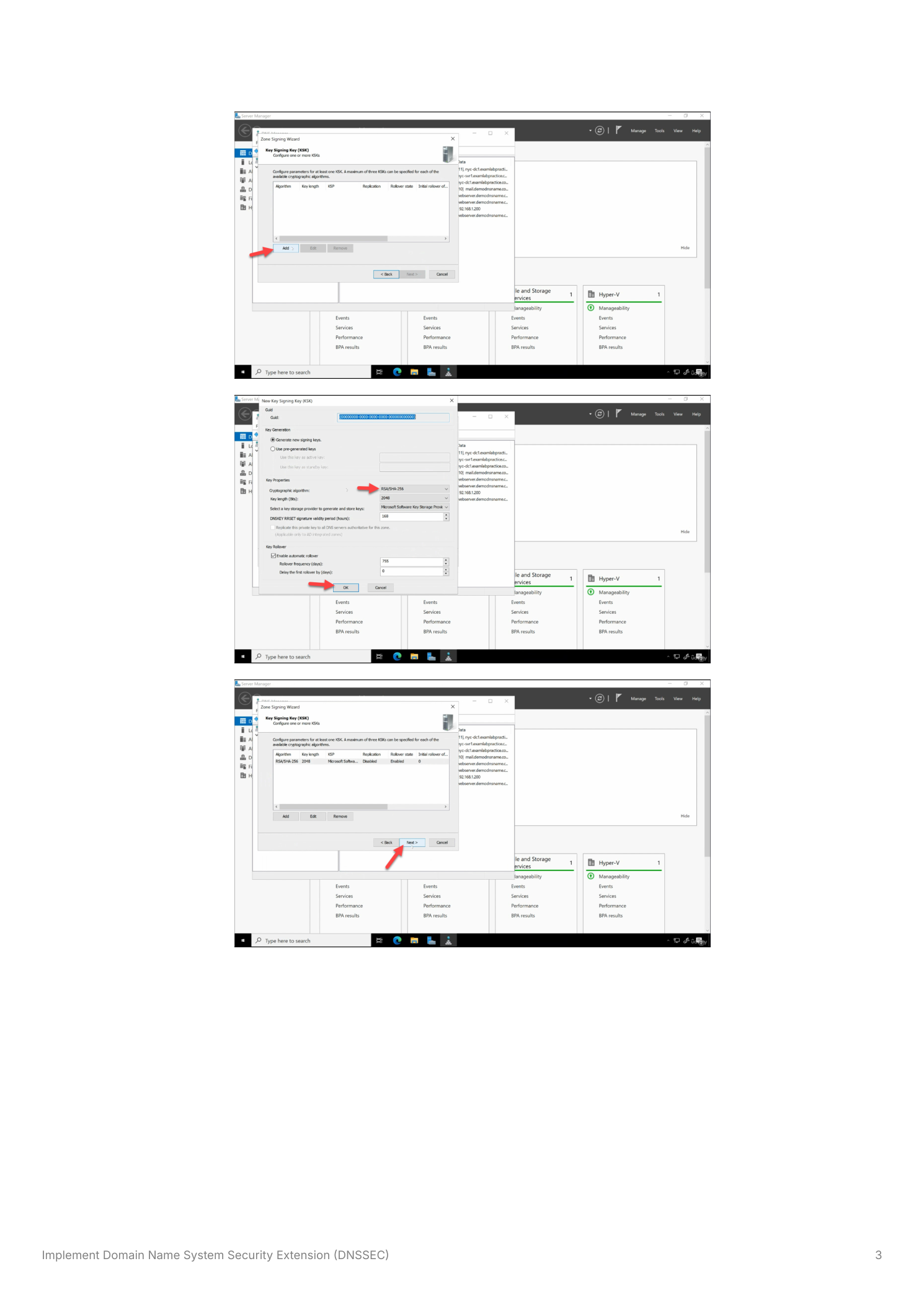 Three wizard screens showing the KSK configuration: selecting the cryptographic algorithm and key length, configuring the key storage provider and rollover frequency, and the completed KSK entry appearing in the wizard summary list
