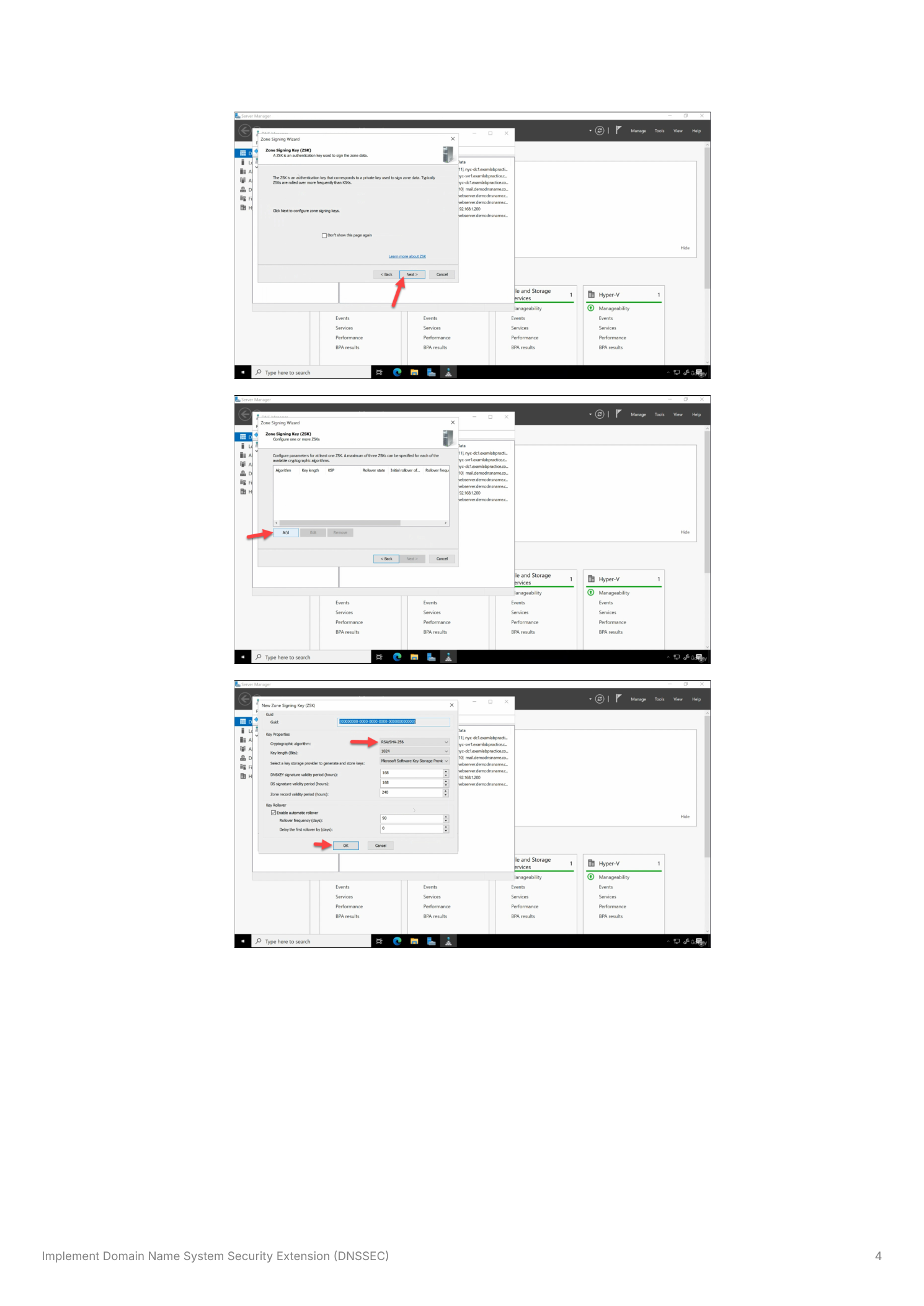 DNSSEC Zone Signing Wizard showing the Zone Signing Key information page explaining that ZSKs are authentication keys rotated frequently, followed by the New Zone Signing Key dialog with RSA-SHA-256 selected, validity period fields, and rollover frequency settings