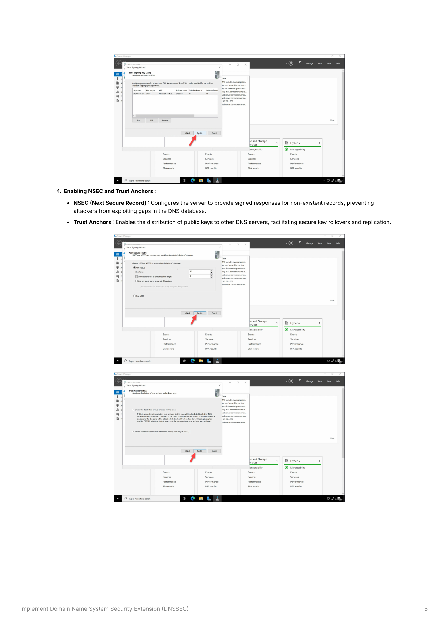 DNSSEC Zone Signing Wizard showing the NSEC3 configuration page with default hash algorithm settings and the Trust Anchors page with the option to enable distribution of trust anchors for this zone via Active Directory