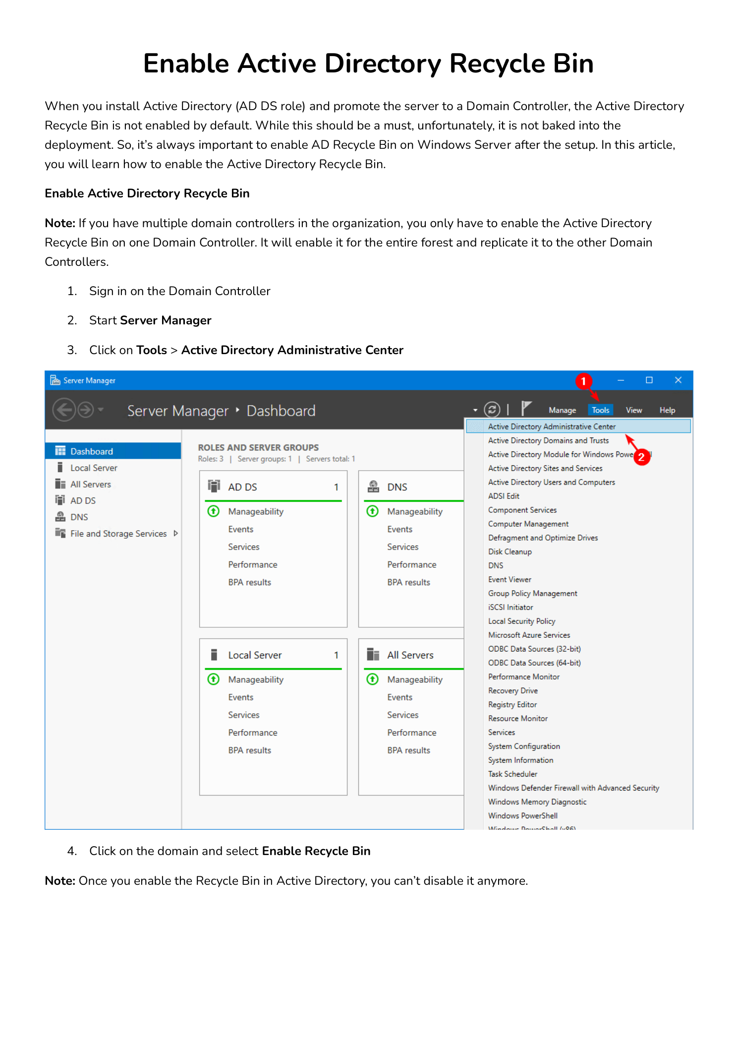 Windows Server Manager Dashboard with the Tools menu open showing the Active Directory Administrative Center entry highlighted as the launch point for enabling the AD Recycle Bin
