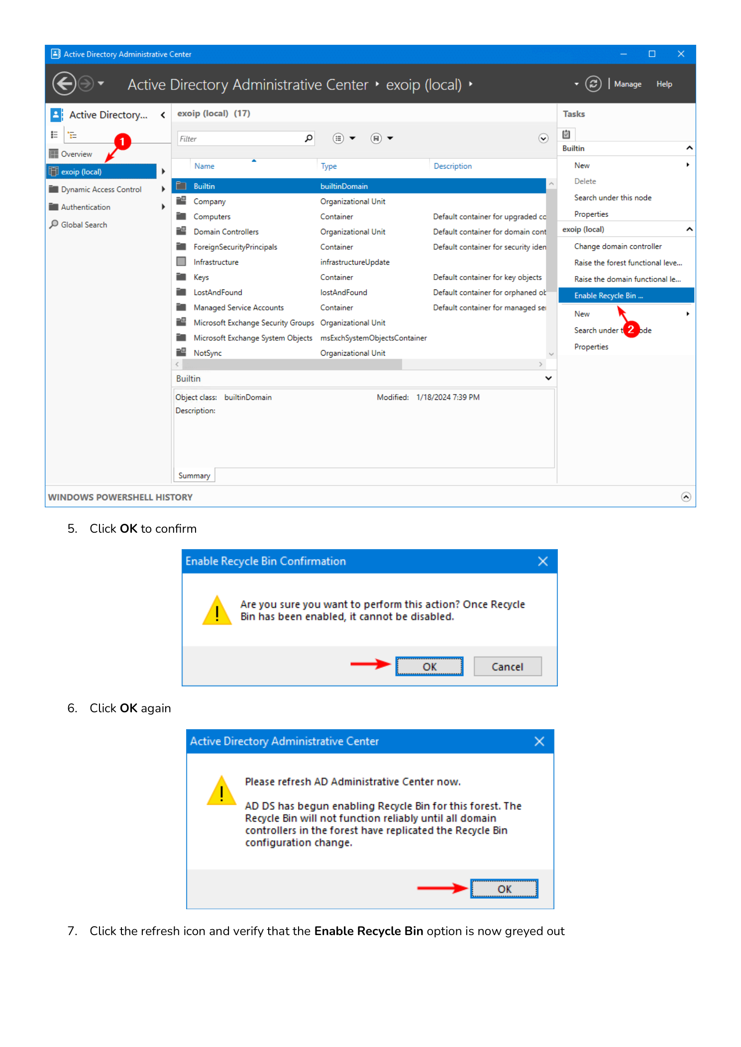 Active Directory Administrative Center connected to exoip (local) with the Tasks pane on the right showing Enable Recycle Bin highlighted, and the Enable Recycle Bin Confirmation dialog warning that once enabled the Recycle Bin cannot be disabled with the OK button highlighted, followed by the post-enable notification dialog instructing the admin to refresh after AD DS begins enabling the Recycle Bin across the forest