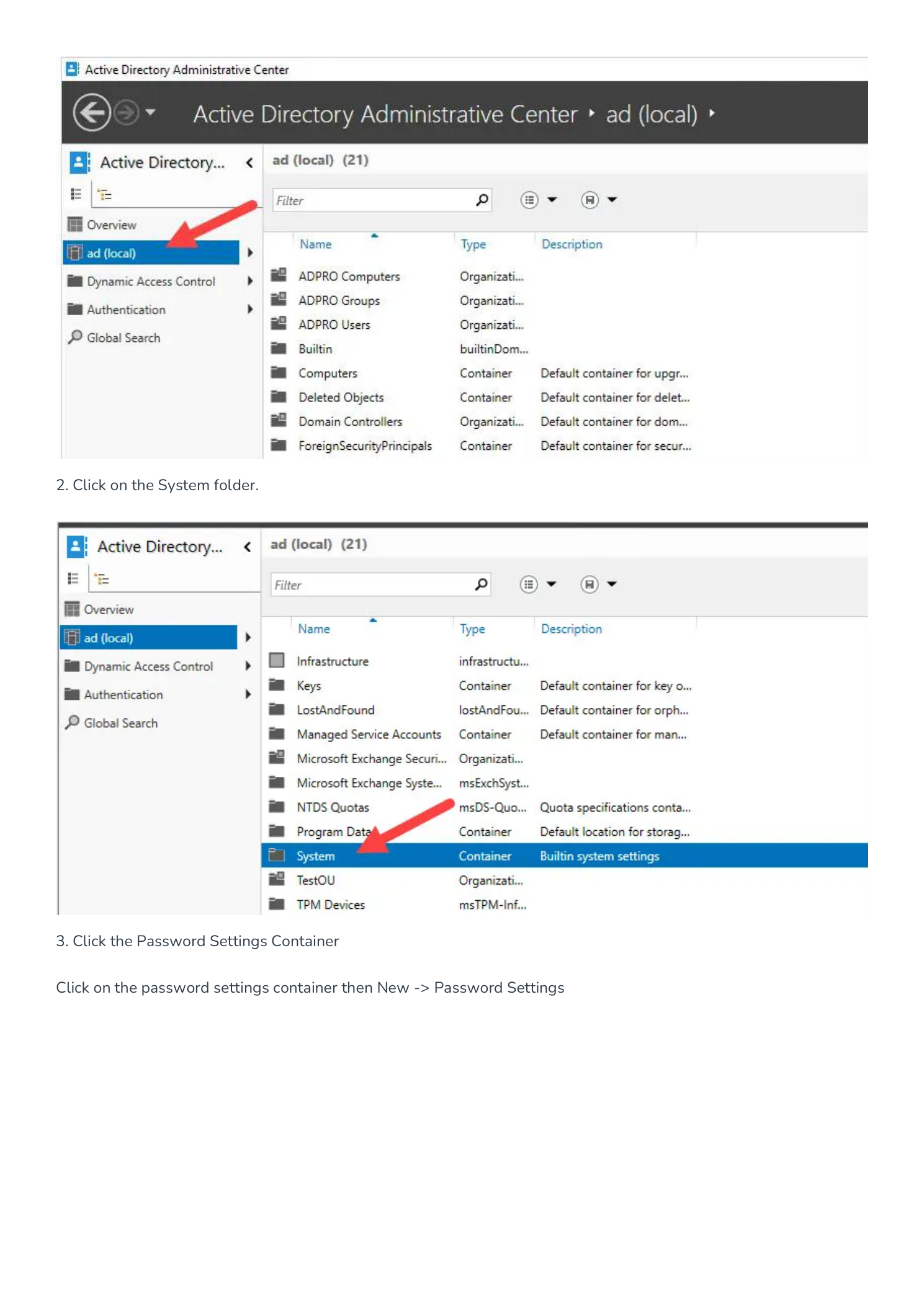 ADAC showing domain navigation with System folder and Password Settings Container highlighted