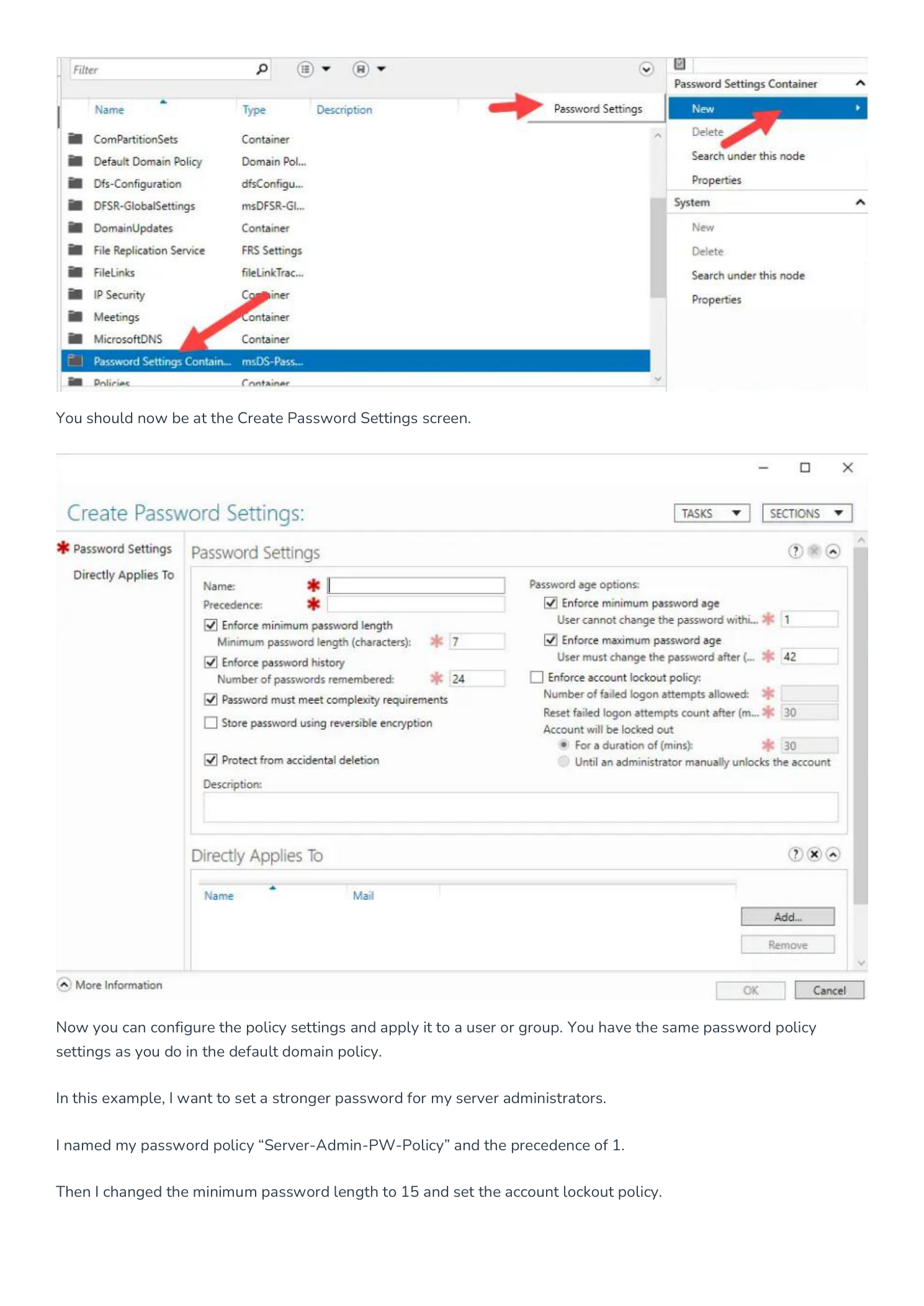 Password Settings Container right-click menu showing New Password Settings option and the Create Password Settings dialog