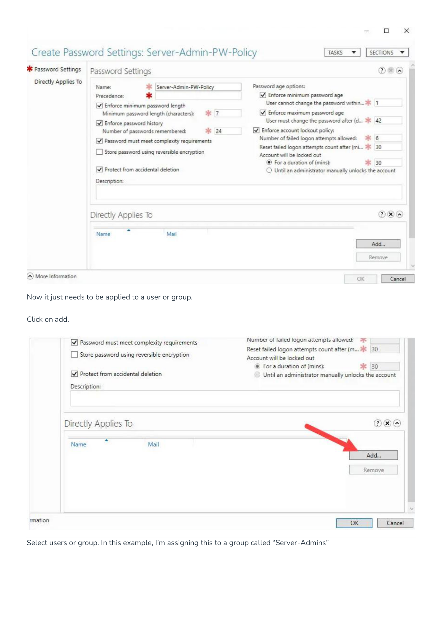 Create Password Settings dialog filled in with name Server-Admin-PW-Policy, precedence 1, minimum length 15, and lockout settings