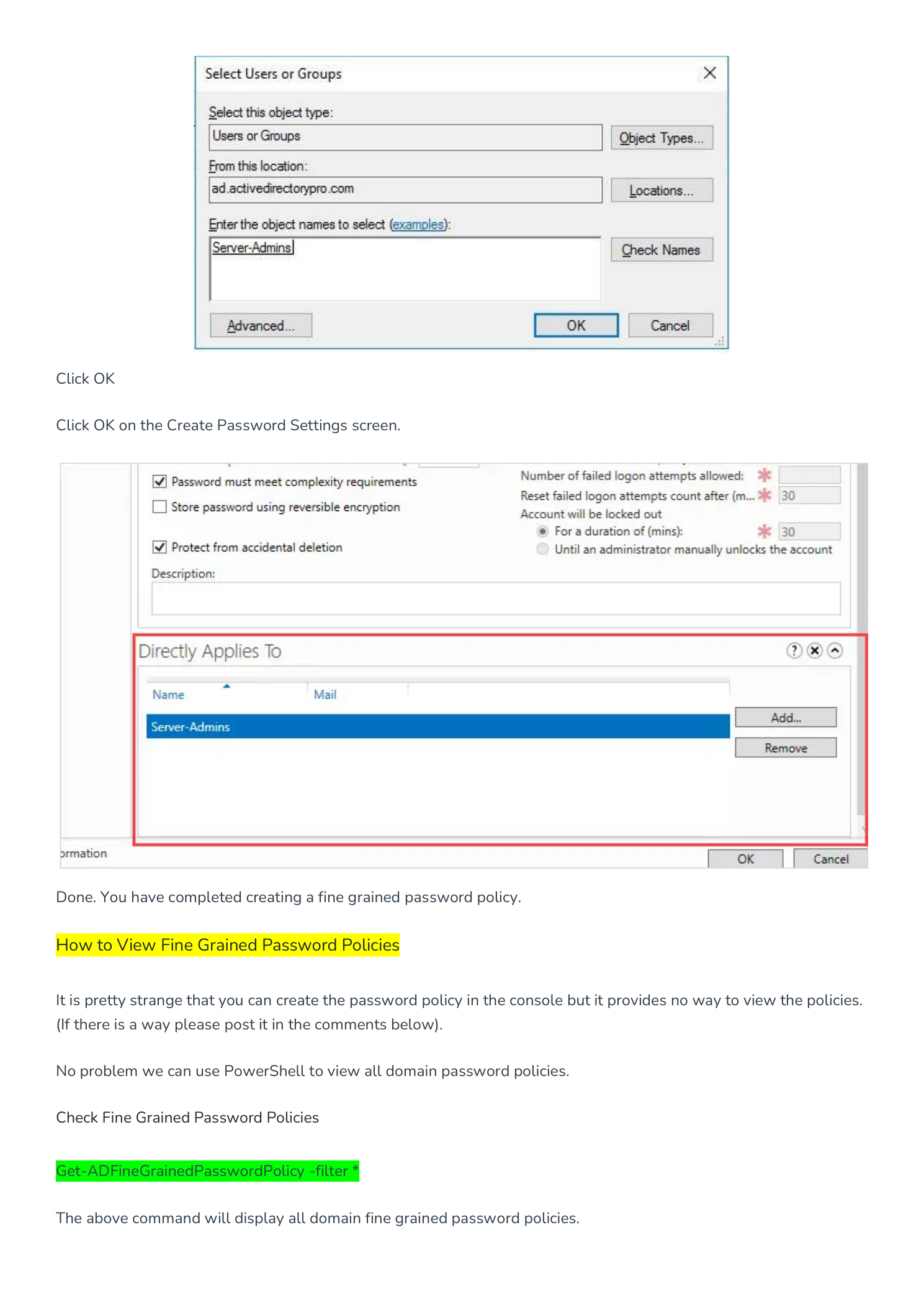 Select Users or Groups dialog with Server-Admins selected, and the completed policy showing Server-Admins in Directly Applies To