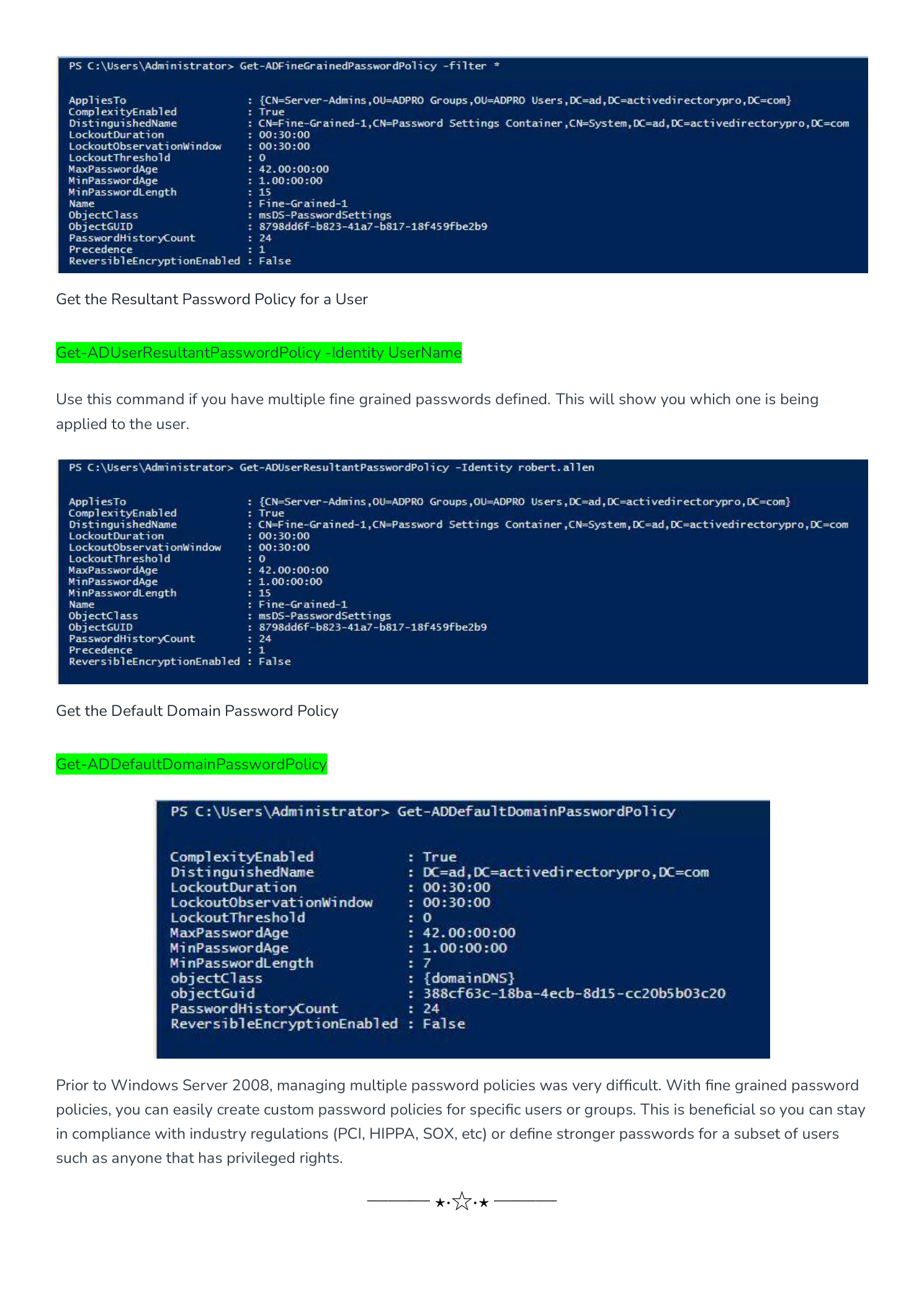 PowerShell terminal showing Get-ADFineGrainedPasswordPolicy output, Get-ADUserResultantPasswordPolicy, and Get-ADDefaultDomainPasswordPolicy results