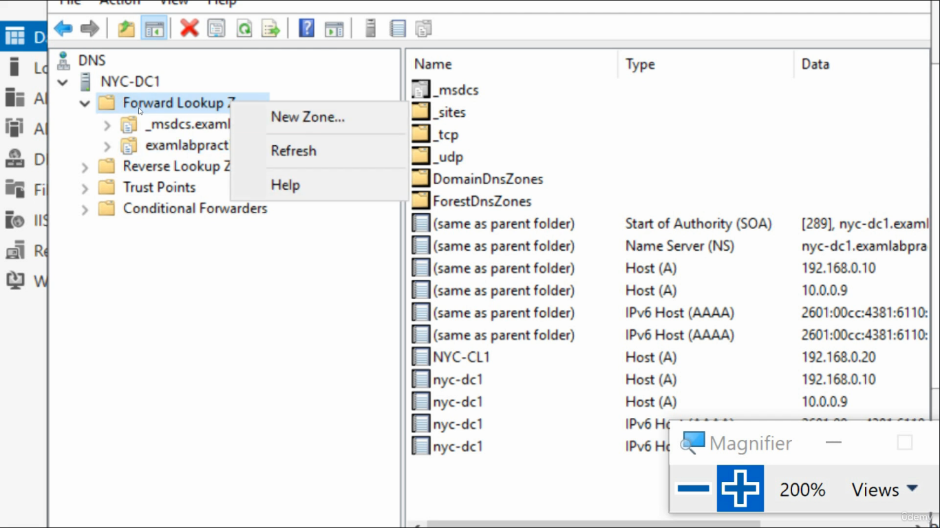 DNS Manager right-click menu on Forward Lookup Zones with the New Zone option highlighted