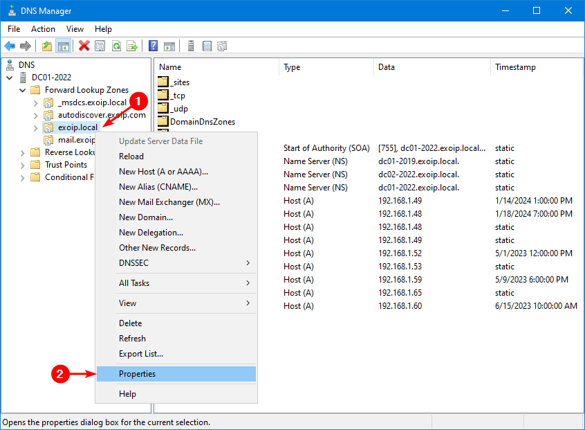 DNS Manager forward lookup zones tree with the corp.local zone selected and the right-click context menu showing Properties highlighted