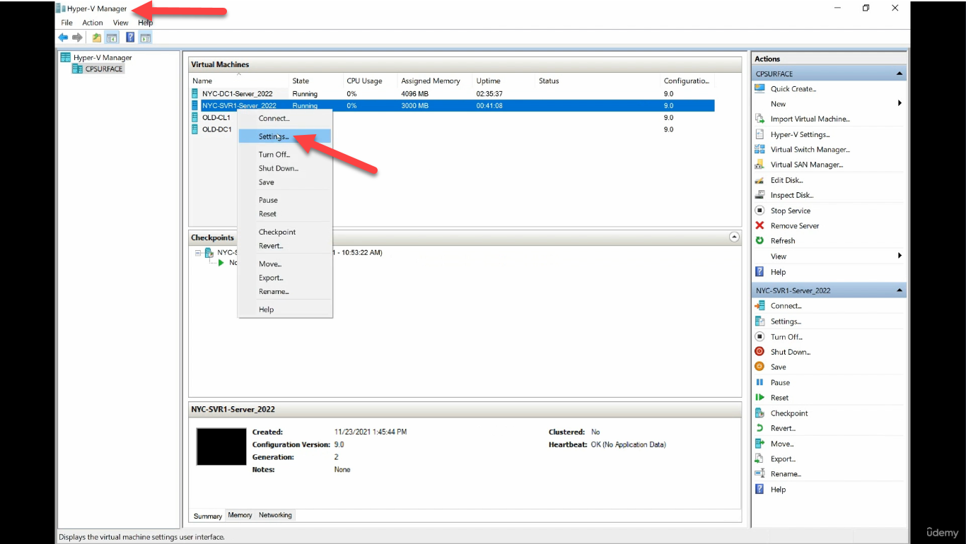 Hyper-V Manager VM list with NYC-SVR1 selected and Settings highlighted