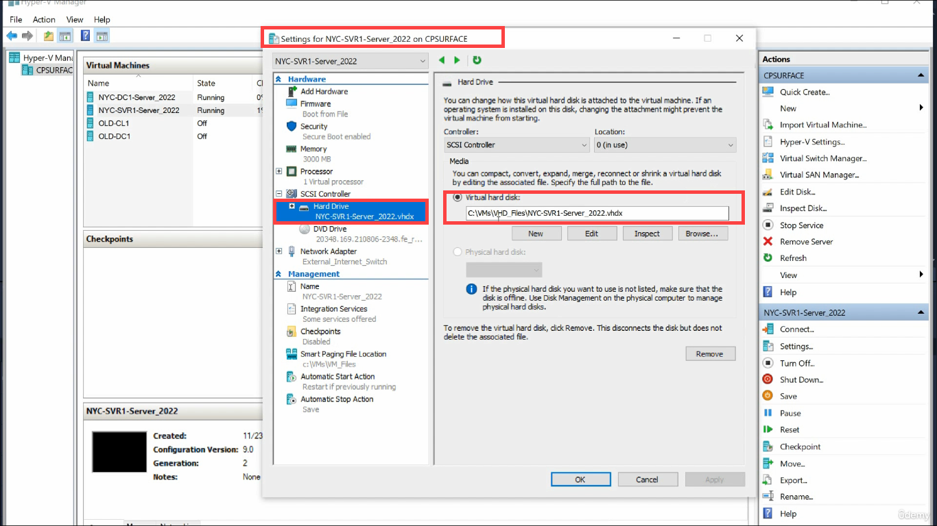 VM Settings Hard Drive pane showing virtual hard disk path
