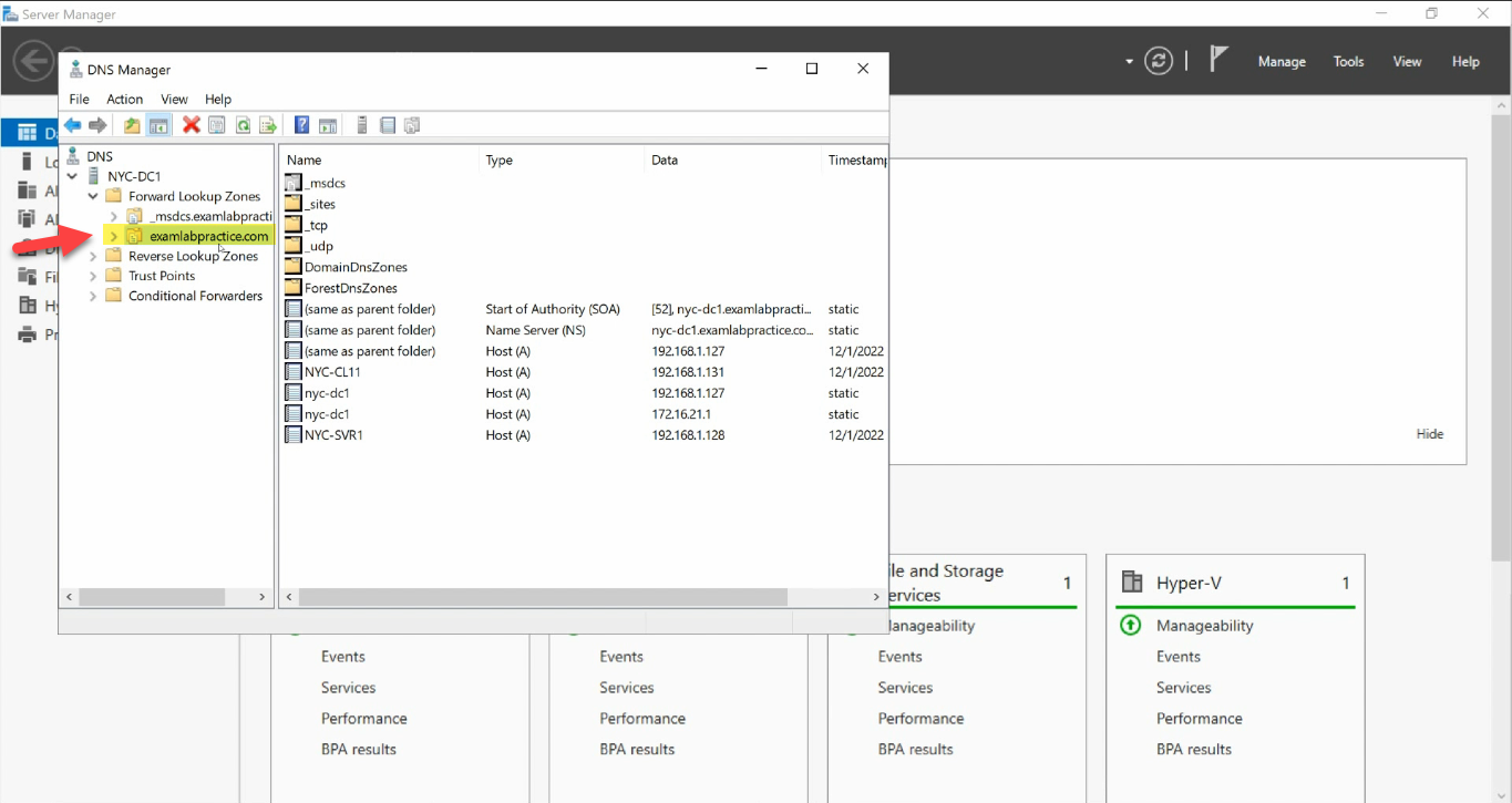 DNS Manager forward lookup zone with _msdcs and AD-integrated zone visible