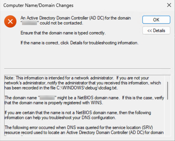 Computer Name Domain Changes dialog showing Error 0x232A An Active Directory Domain Controller for the domain could not be contacted