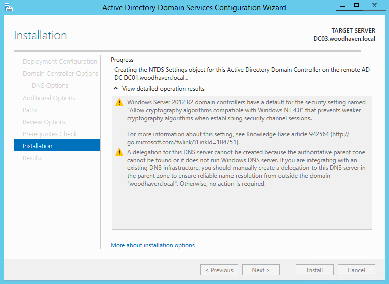 Active Directory Domain Services Configuration Wizard stuck at the Creating the NTDS Settings object stage with no progress