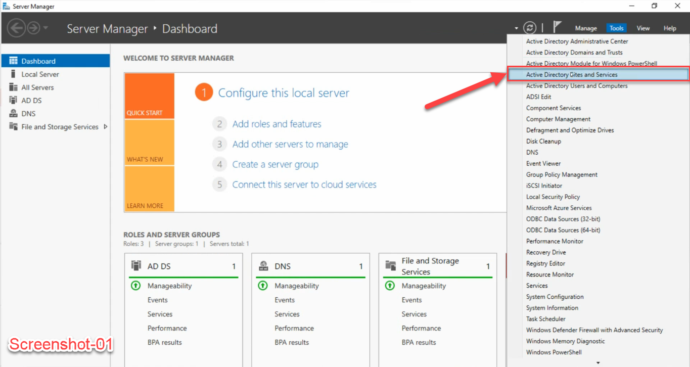 Server Manager Dashboard with the Tools menu open and Active Directory Sites and Services highlighted by a red box and red arrow