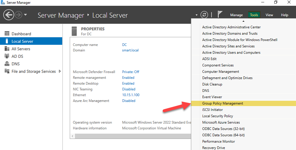 Server Manager Tools menu with Group Policy Management highlighted