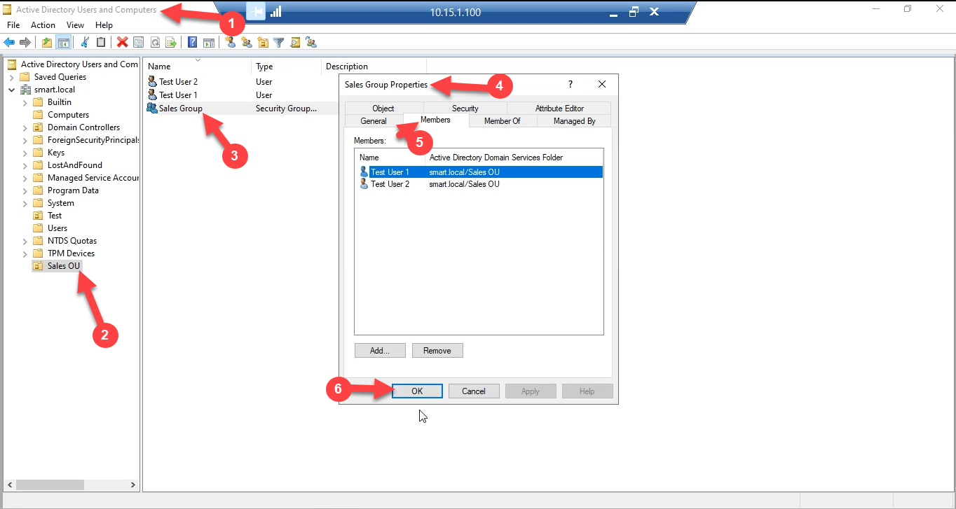 Active Directory Users and Computers showing the Sales Group security group with two user members