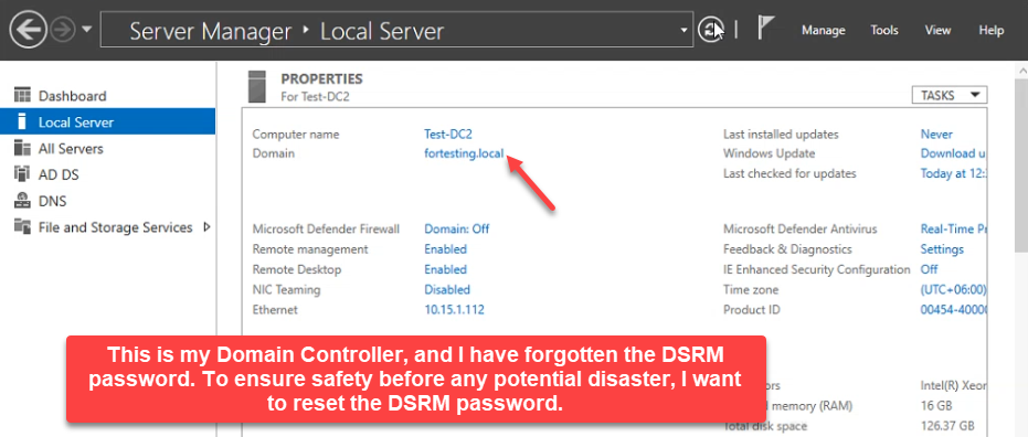 Server Manager Local Server view of a domain controller named Test-DC2 in fortesting.local