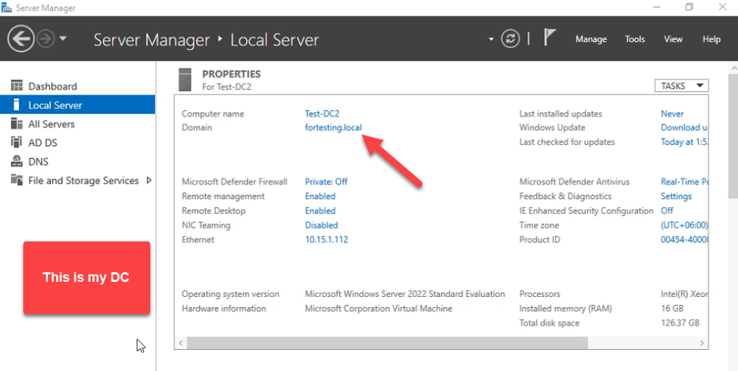 Server Manager Local Server view of Test-DC2 in fortesting.local