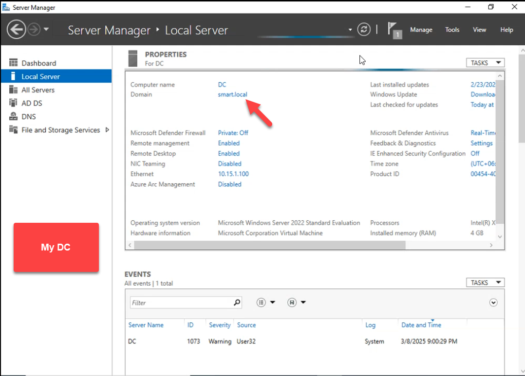 Server Manager Local Server view of the domain controller in smart.local