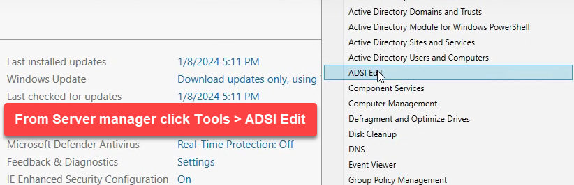 Server Manager Tools menu with ADSI Edit highlighted