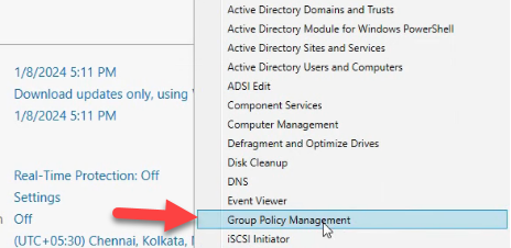 Server Manager Tools menu with Group Policy Management highlighted