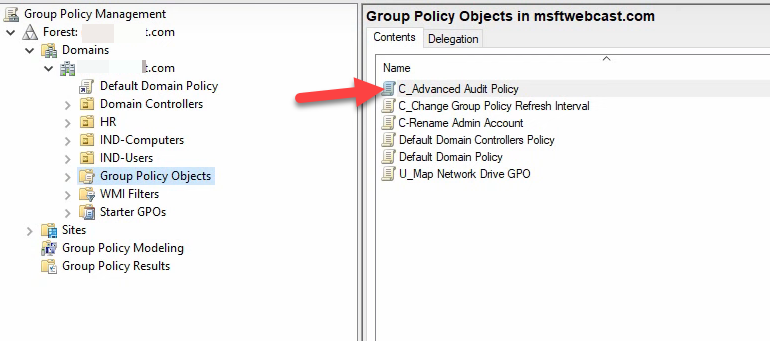 Group Policy Management Console showing the C_Advanced Audit Policy GPO in the Group Policy Objects container