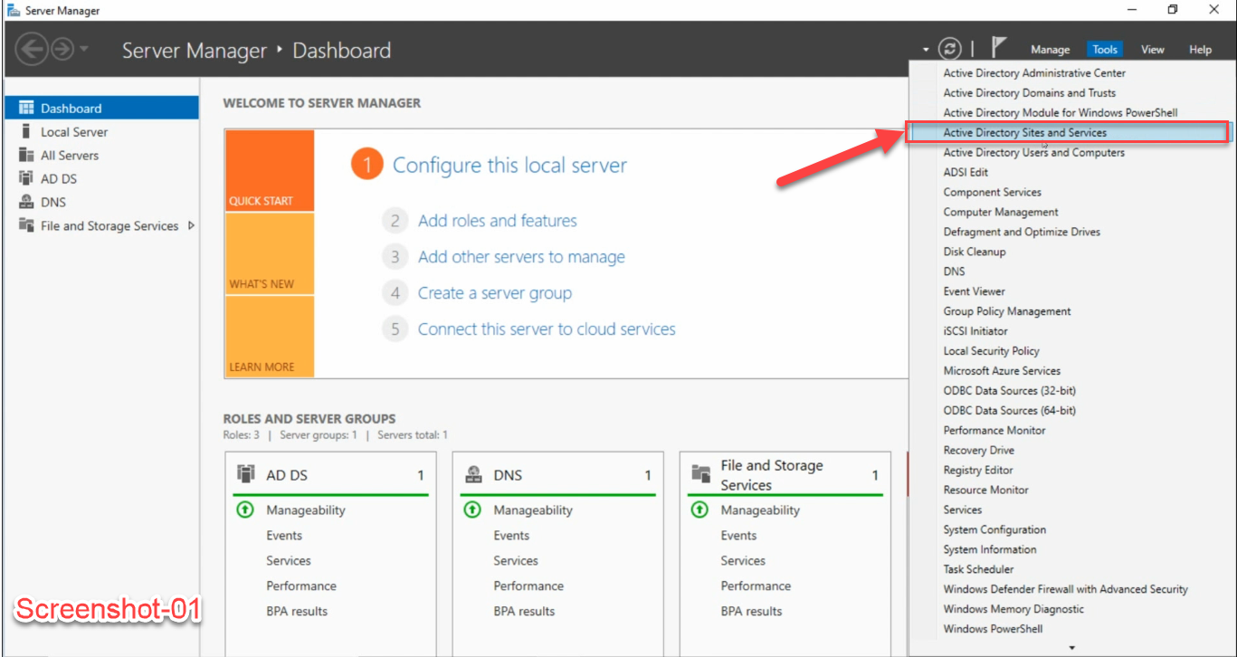 Server Manager Dashboard with the Tools menu open and Active Directory Sites and Services highlighted by a red box and red arrow