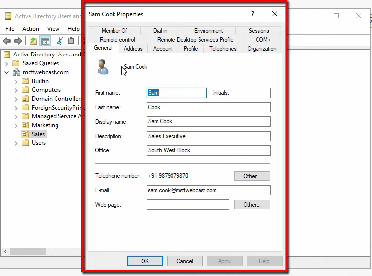 Active Directory Users and Computers user property sheet displaying General tab fields driven by the schema