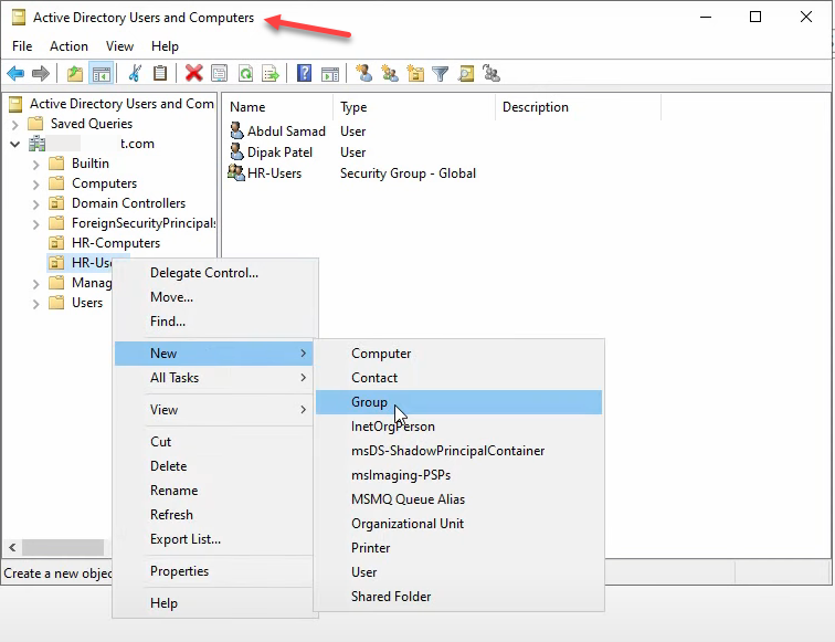 Step 1 of the roaming-profile setup workflow on Windows Server 2022