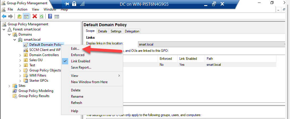 Group Policy Management with Default Domain Policy right-clicked and Edit highlighted