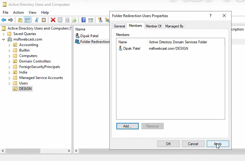 ADUC showing the Folder Redirection Users group with a domain user as a member.