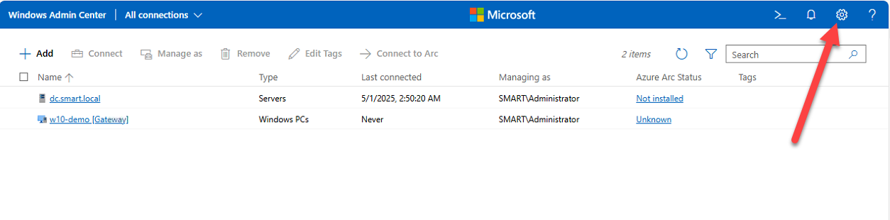 Windows Admin Center Settings page showing Available Extensions list with the DNS extension highlighted.