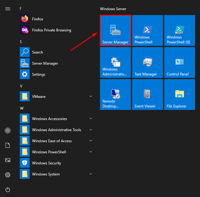 Windows Server Start menu with Server Manager highlighted