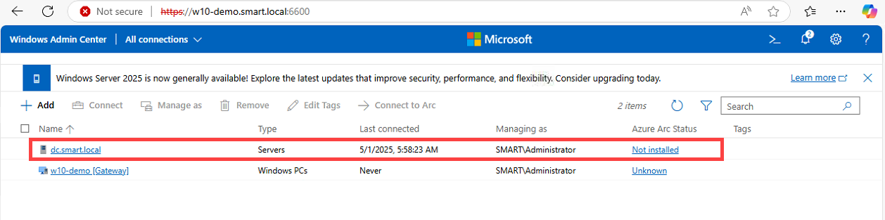 Windows Admin Center All connections list with the target server dc.smart.local highlighted.