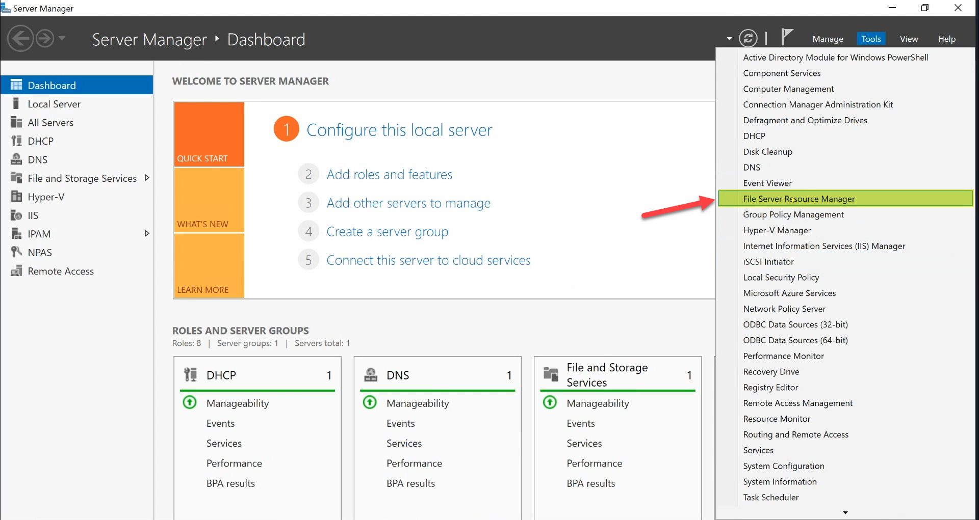 Server Manager Tools dropdown with File Server Resource Manager highlighted by a red arrow