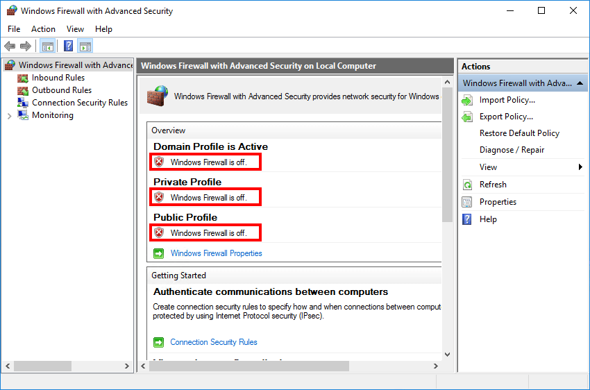 Windows Firewall with Advanced Security MMC console showing Domain Private and Public profiles all in the off state