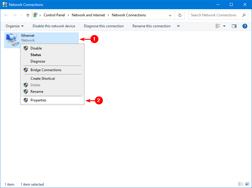 Windows Server Network Connections control panel showing the Ethernet adapter with the right-click context menu open and Properties highlighted