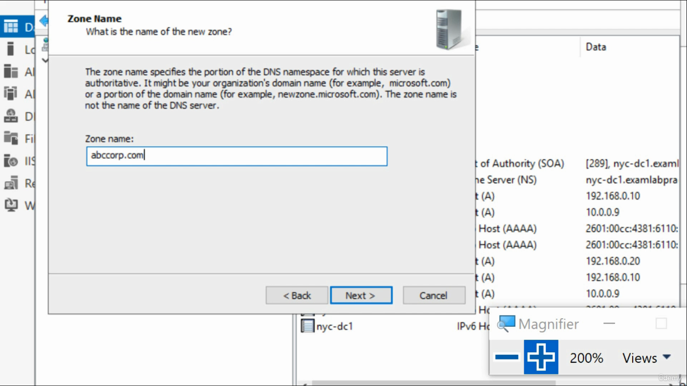 New Zone Wizard Zone Name step with infotechninja.com typed into the Zone name field