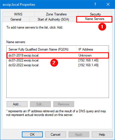 Zone Properties dialog Name Servers tab listing the surviving DCs and one stale entry pointing at the demoted DC's old FQDN with Unknown IP