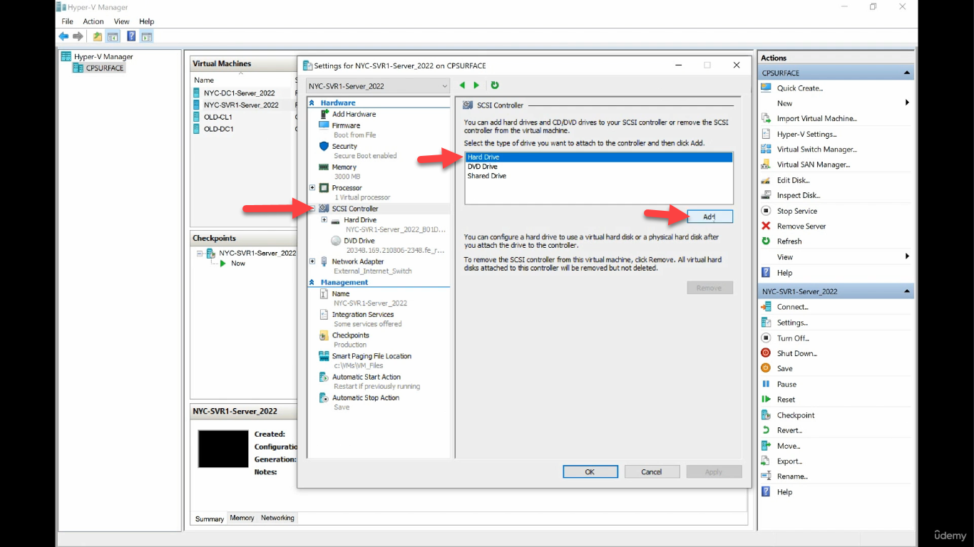 VM Settings dialog SCSI Controller Hard Drive Add