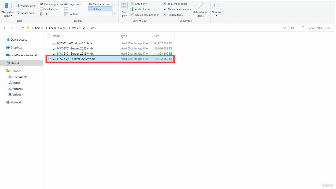 File Explorer C:\VMs\VHD_Files showing the parent vhdx file