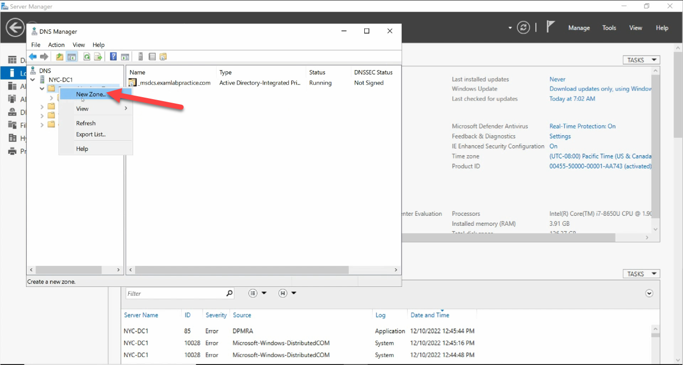 DNS Manager right-click on DC New Zone context menu