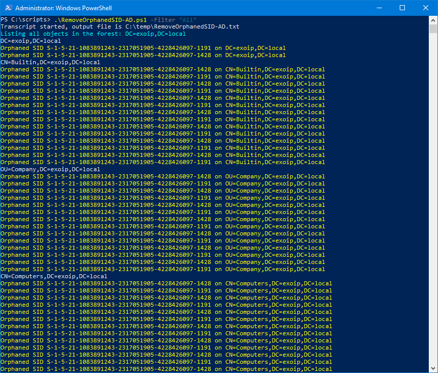 PowerShell output listing orphaned SIDs found in Active Directory