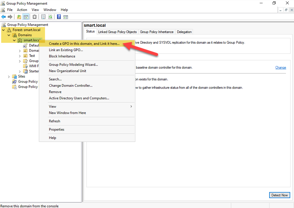 GPMC right-click context menu showing Create a GPO in this domain and Link it here