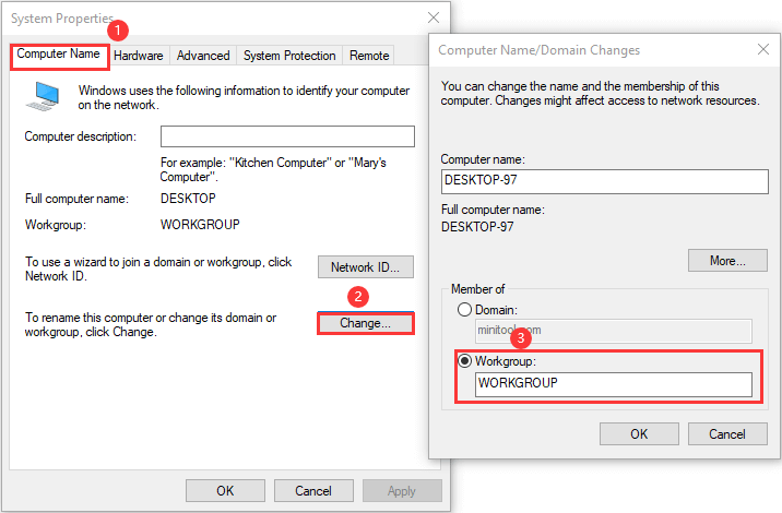 Computer Name/Domain Changes window with Workgroup selected