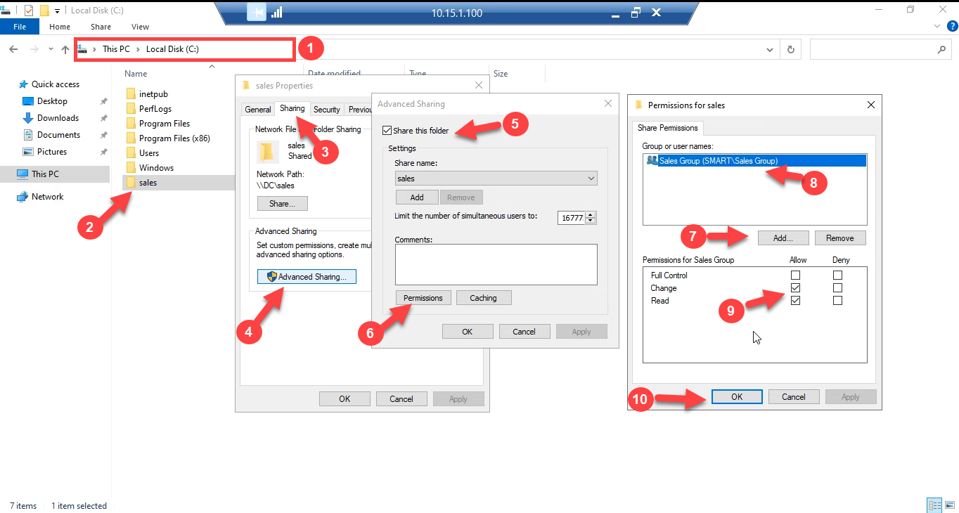 Windows file share Advanced Sharing dialog with permissions granting the Sales Group full access