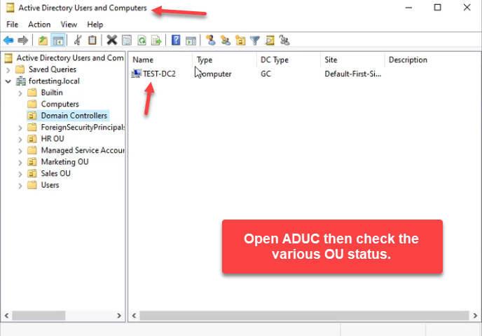 Active Directory Users and Computers showing the OU structure and Domain Controllers container of the fortesting.local domain