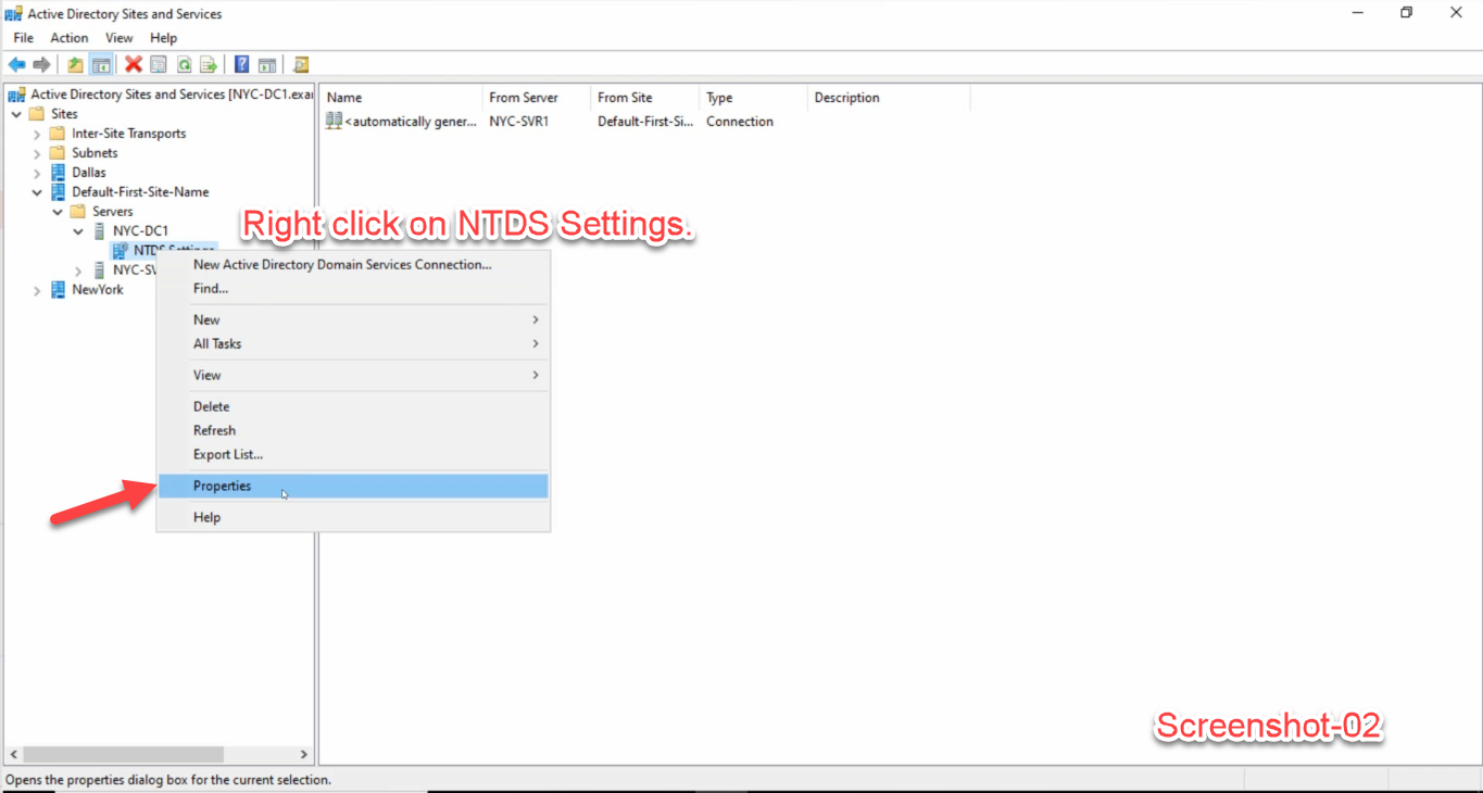 Active Directory Sites and Services console with NTDS Settings selected under Default-First-Site-Name > Servers > NYC-DC1, right-click context menu open with Properties highlighted