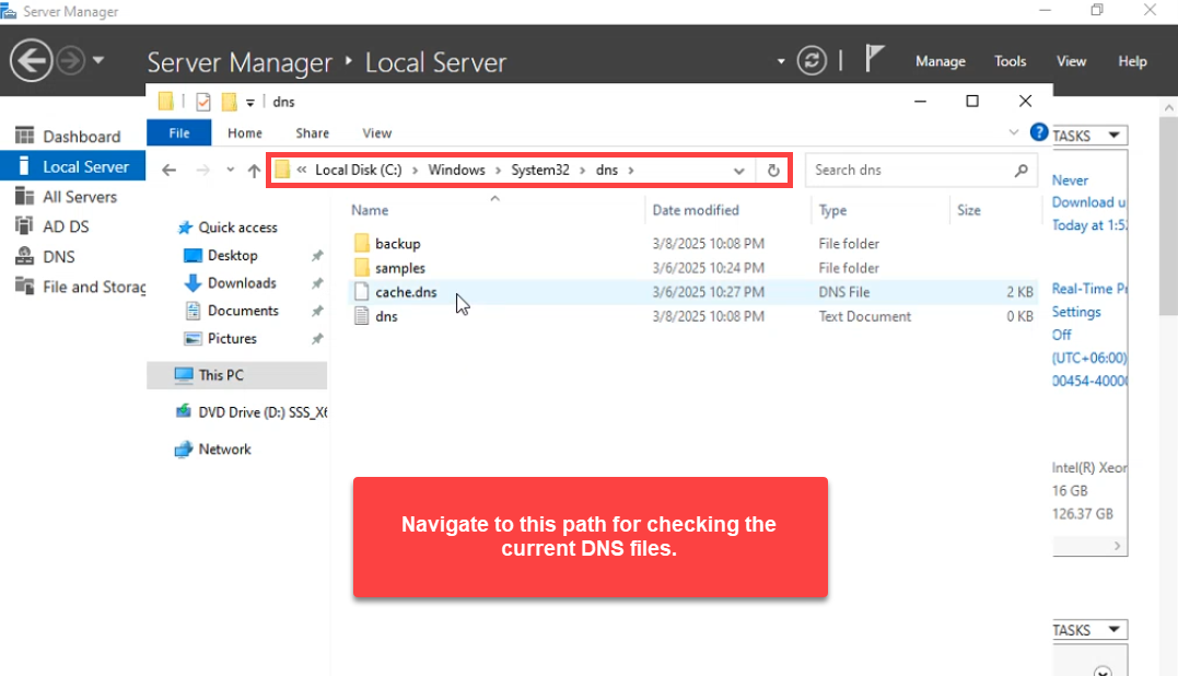 File Explorer at C:\\Windows\\System32\\dns showing existing DNS files cache.dns and dns