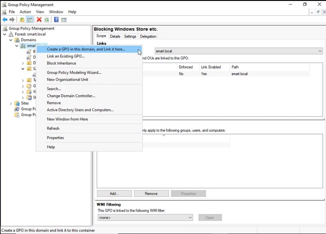 Group Policy Management right-click context menu on smart.local with Create a GPO in this domain and Link it here highlighted